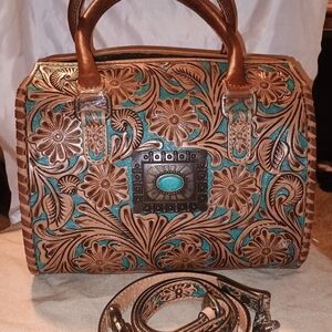 Handcrafted Tooled Floral Satchel Bag in Turquoise and Brown - Western Linens